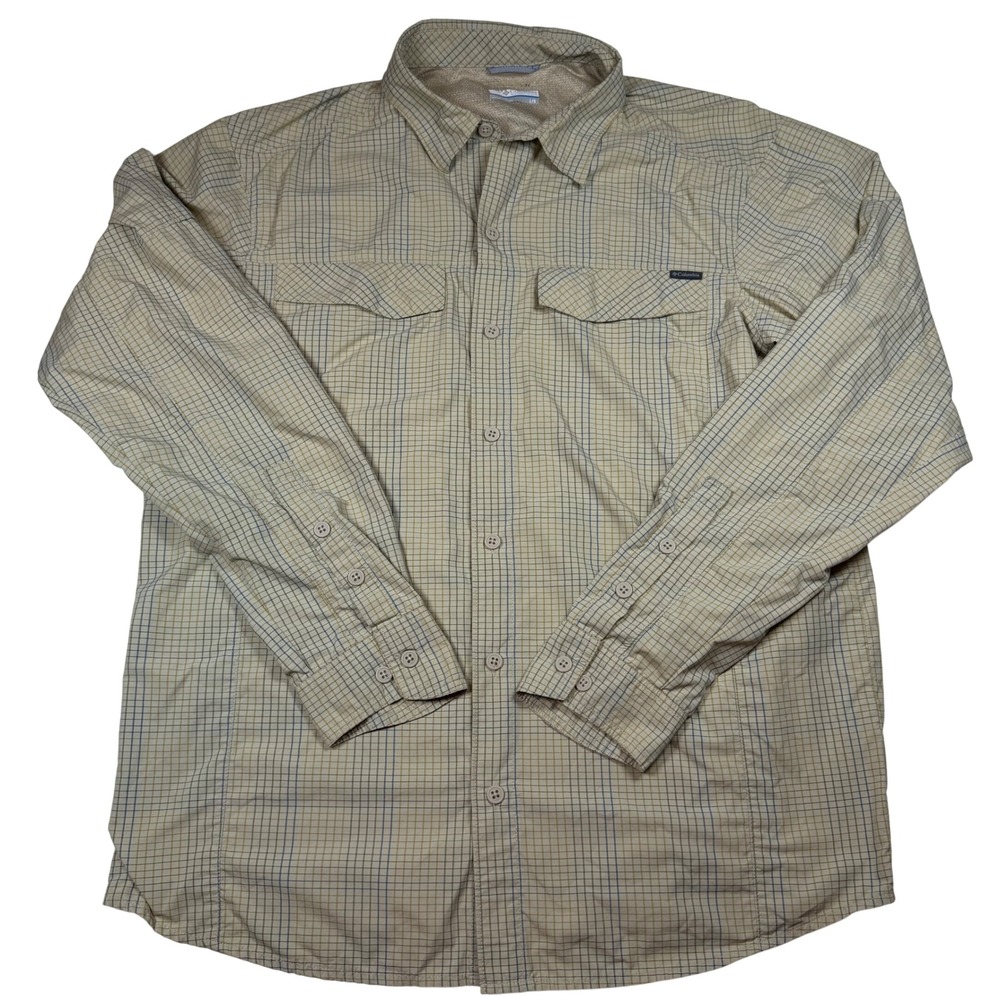 Columbia Mens Large Long Sleeve Button Down Fishing Hiking Shirt‎ Tan Blue Grid